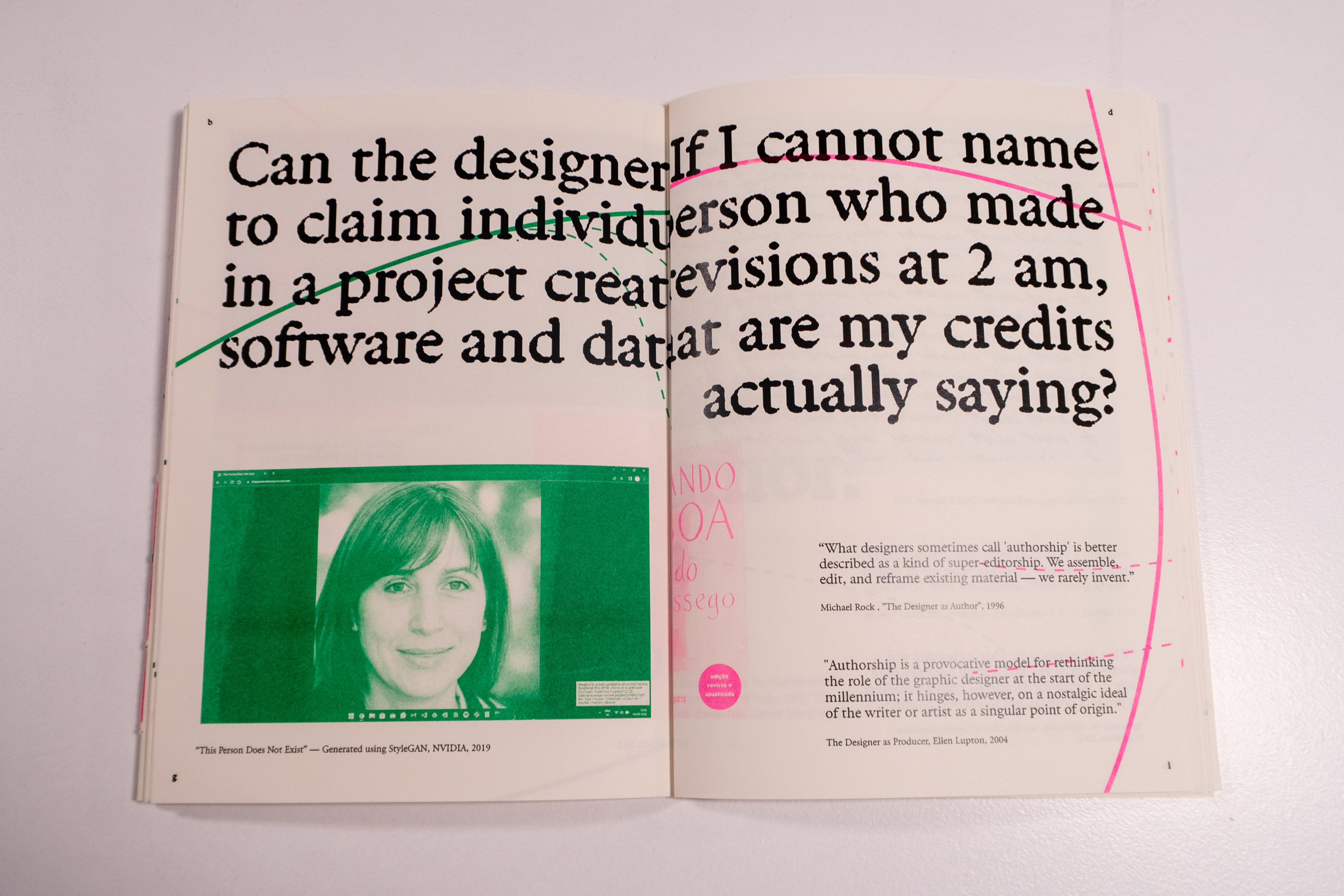 Spread with green portrait photograph and questions about naming authorship of software, data, and revisions.