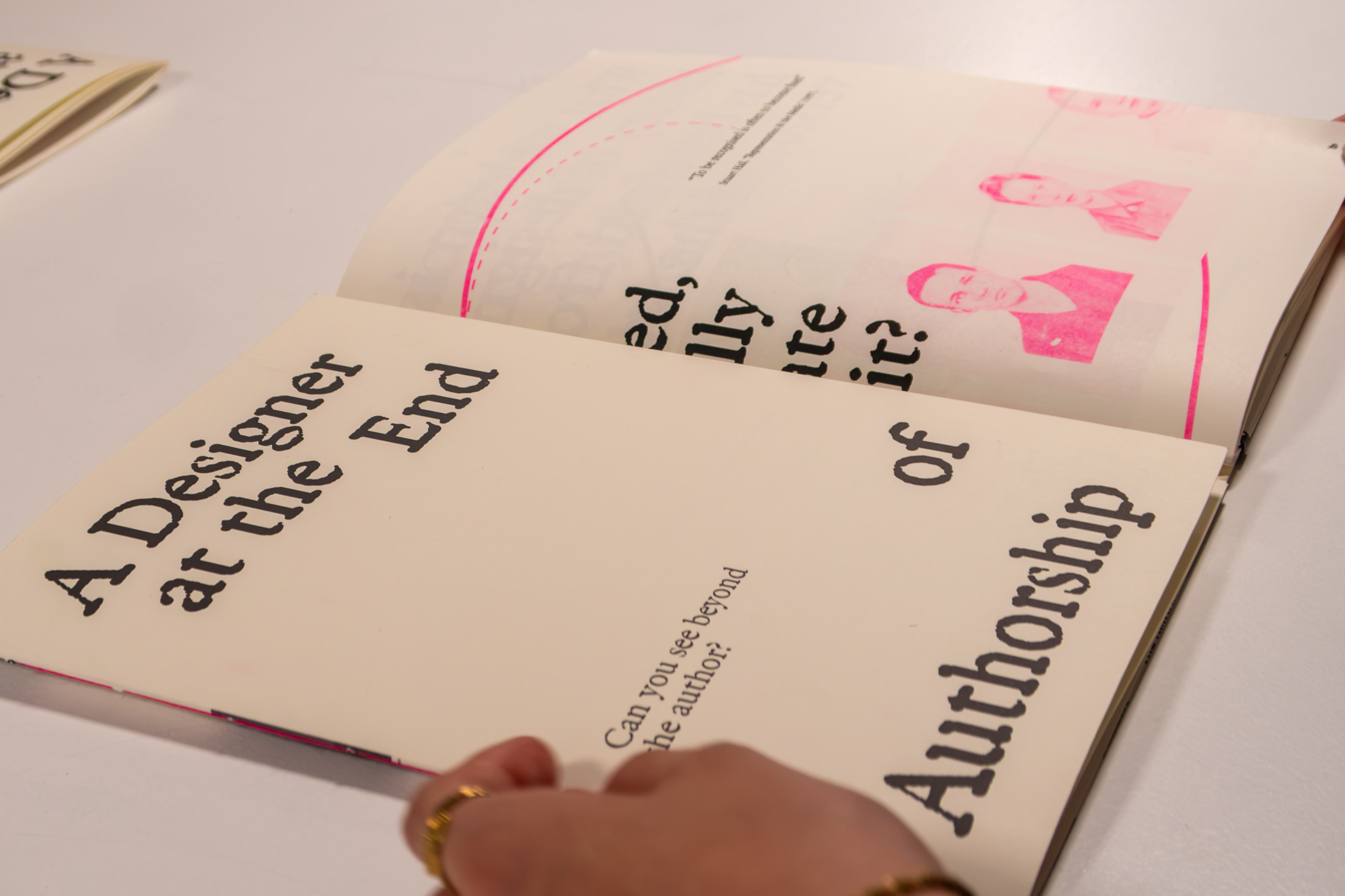 Open spread showing the title 'A Designer at the End of Authorship' in bold rotated type.