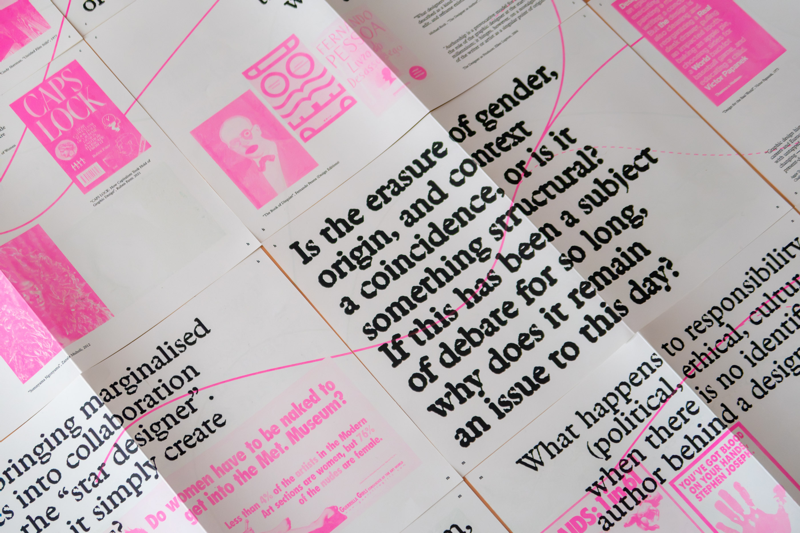 Close-up spread with bold pink and black typography asking about the erasure of gender and origin in authorship.