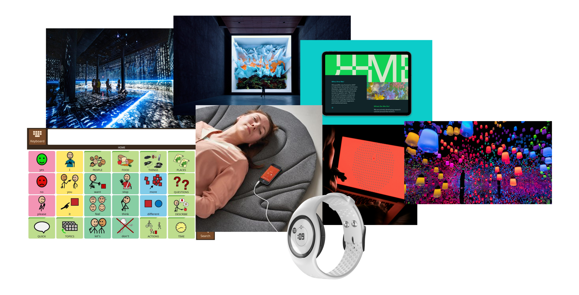 Reference moodboard — Refik Anadol's Machine Hallucination, teamLab's Resonating Lamps, 4YouandMe, Avaz AAC, Soma Design, The School of Life, and EmbracePlus