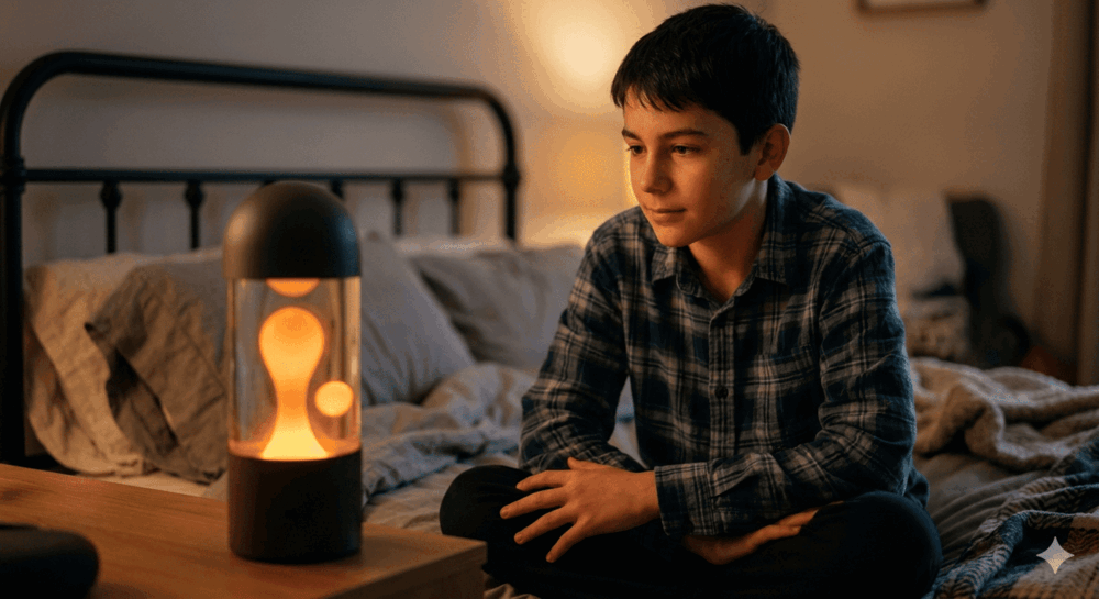 Boy sitting on bed with FLUID.ai lamp glowing beside him