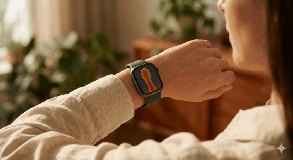 Caregiver checking the FLUID watch — orange alert state
