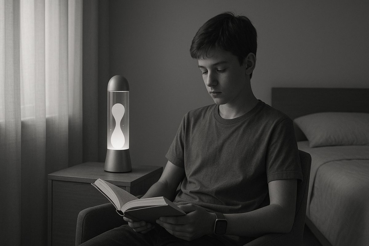 Mr. Carlos reading calmly in his room, lamp glowing white