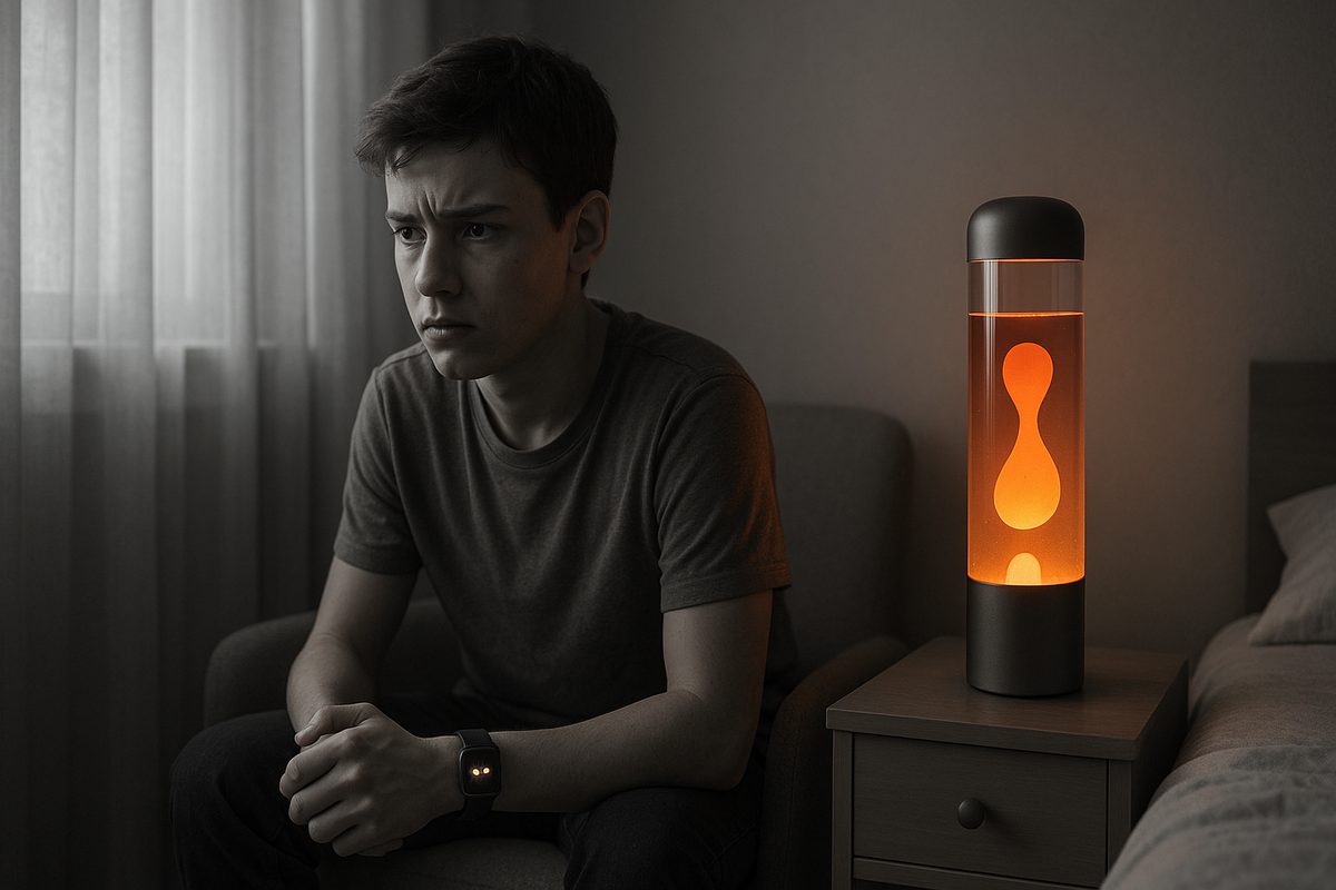 Mr. Carlos looking anxious, lamp turning orange