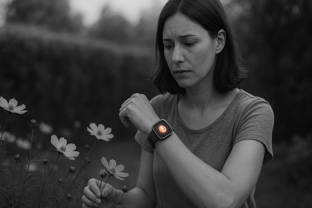Mrs. Maria in the garden, checking her watch as it mirrors the shift