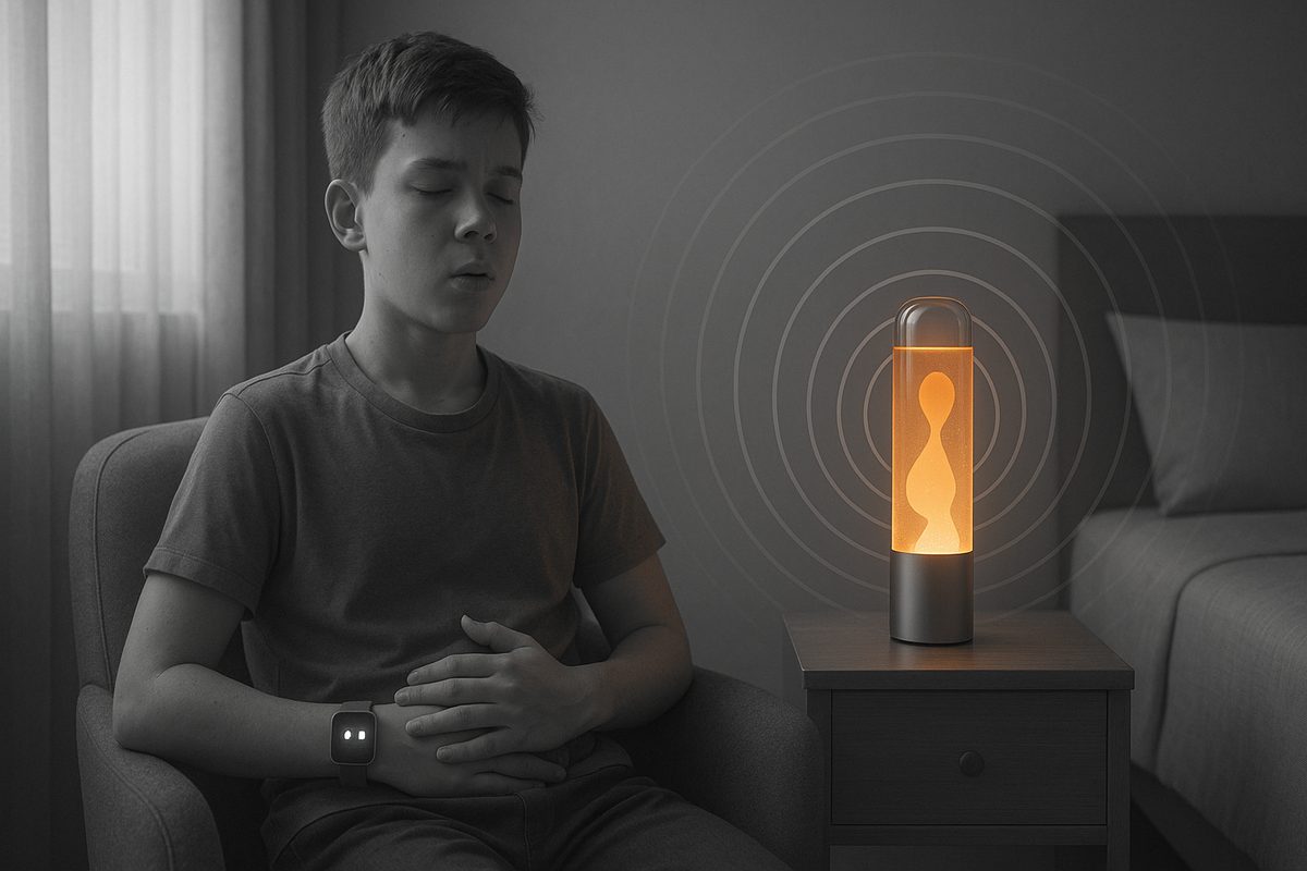 Mr. Carlos doing breathing exercises, lamp orange with a soundwave ripple