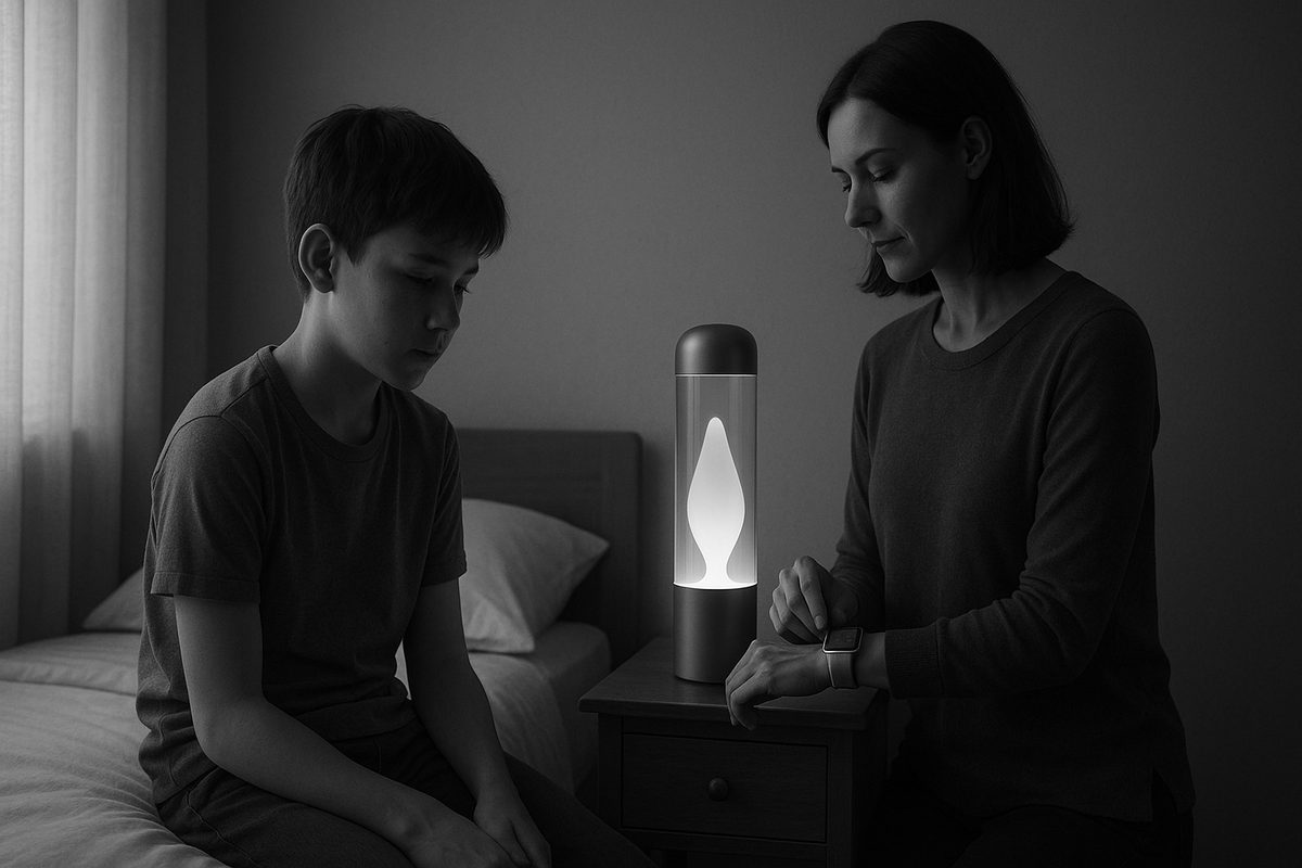 Mrs. Maria checking in, standing beside Mr. Carlos as the lamp eases back to white