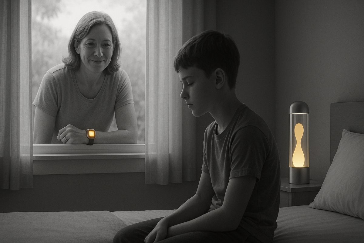 Mrs. Maria smiling through the window at a calm Mr. Carlos, lamp warm and steady