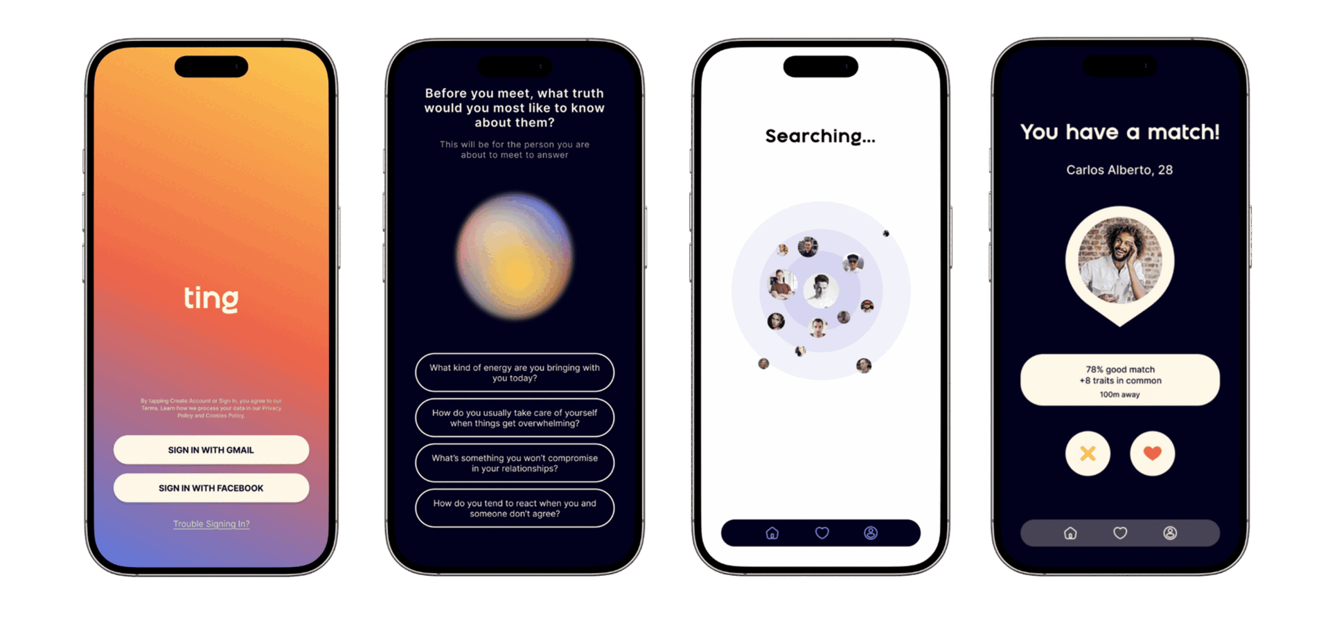 Ting app screens — sign in, onboarding questions, searching for a match, and a confirmed match