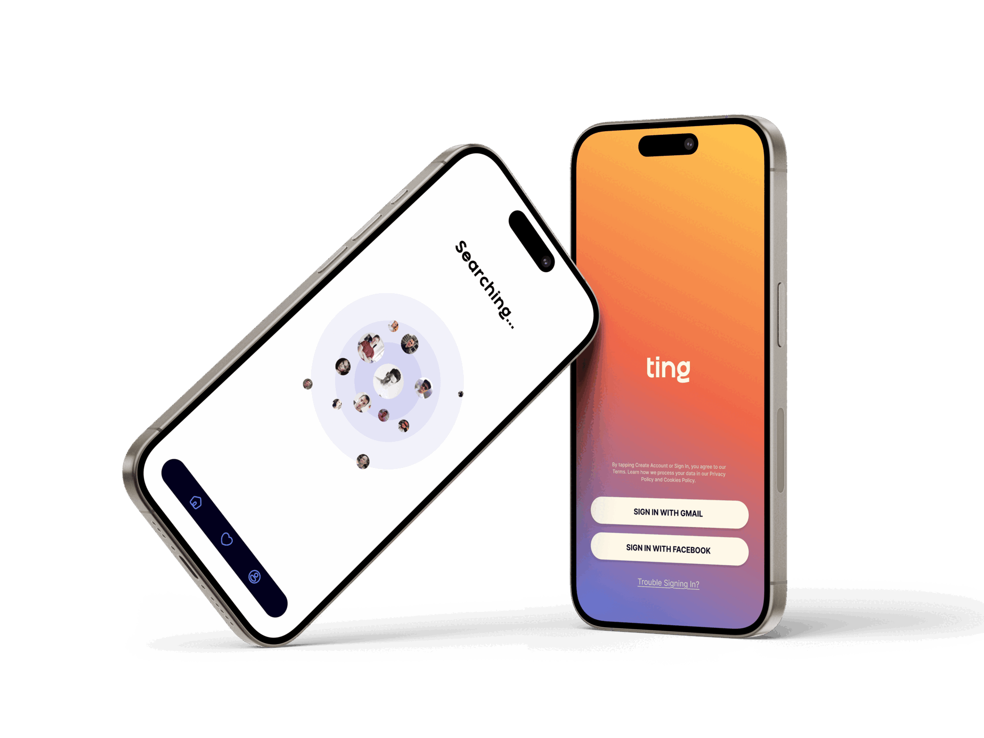 Ting app screens — iPhone 15 Pro mockup
