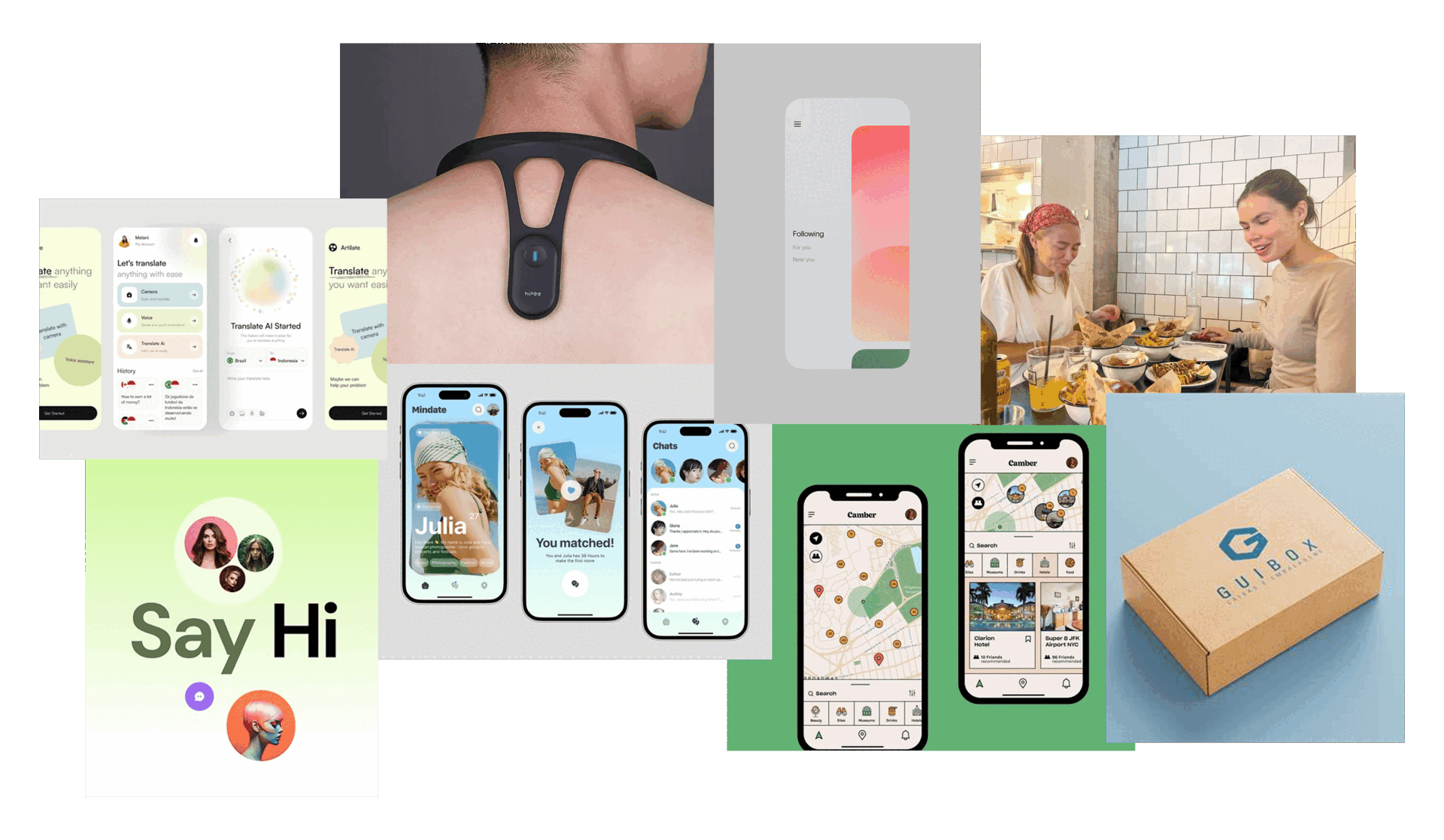 Benchmarking moodboard — HiPee wearable, Mindate, Say Hi, Camber, competitive landscape