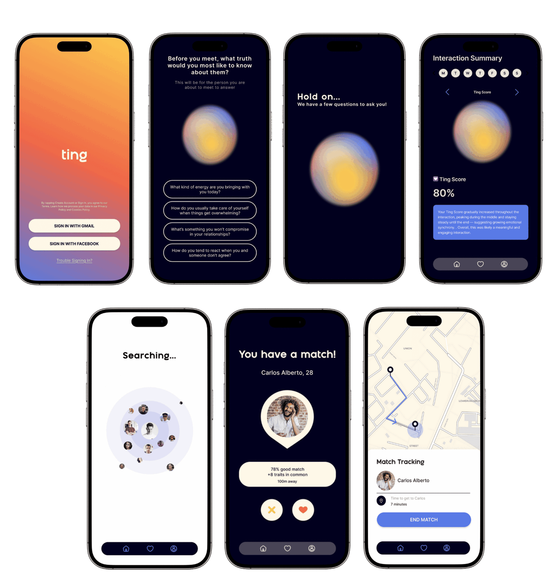 Ting screen sequence — onboarding questions, waiting for questions, searching, match, and interaction summary