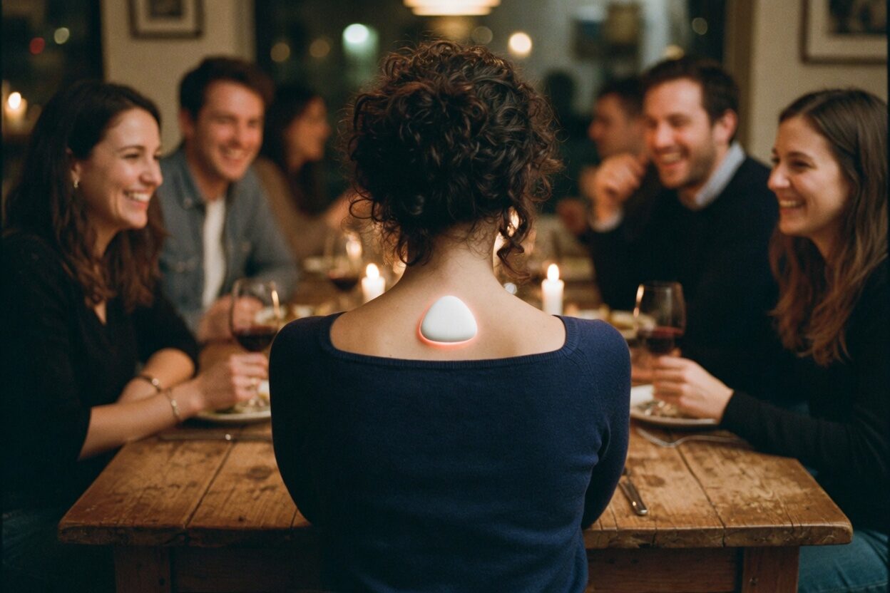 Ting wearable worn at a dinner — device visible on upper spine